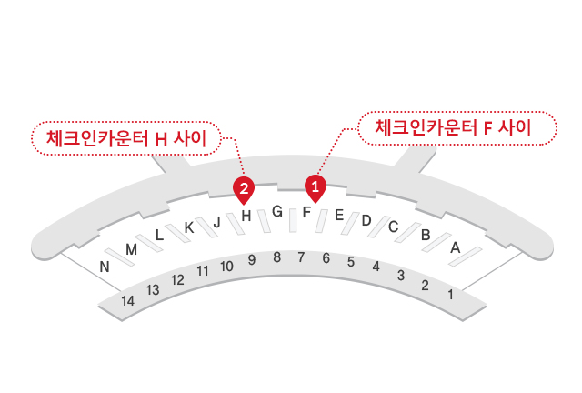 인천공항 제1여객터미널 3층 출국장, 4층 면세구역 내 KT 로밍센터 위치 안내 약도. 첫번째 로밍센터 위치-3층 체크인카운터 F 사이, 두번째  로밍센터 위치-3층 체크인카운터 H 사이