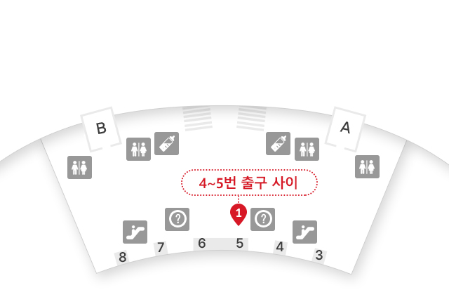 인천공항 제2여객터미널 1층 입국장 내 KT 로밍센터 위치 안내 약도. 로밍센터 위치-4~5번 출구 사이 안내 카운터 옆