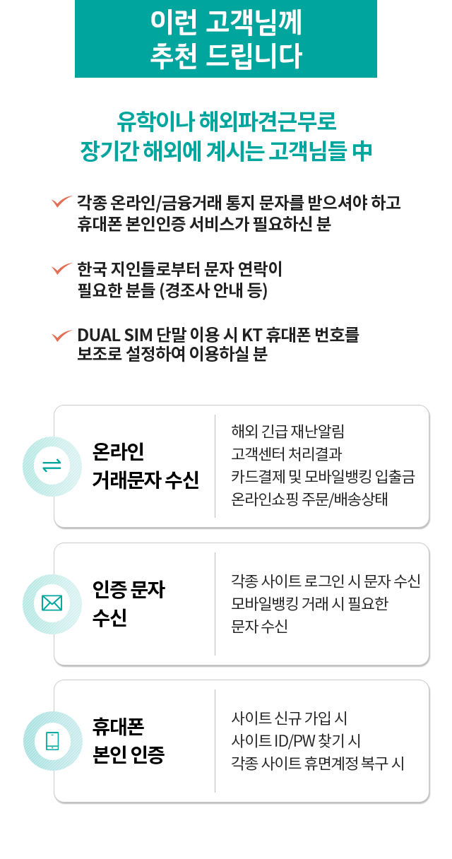 이런 고객님께 추천 드립니다.  유학이나 해외파견근무로 장기간 해외에 계시는 고객님들 中 각종 온라인/금융거래 통지 문자를 받으셔야 하고 휴대폰 본인인증 서비스가 필요하신 분, 한국 지인 들로부터 문자 연락이 필요한 분들 (경조사 안내 등),DUAL SIM 단말 이용 시 KT 휴대폰 번호를 보조로 설정하여 이용하실 분 . 온라인 거래문자 수신 - 해외 긴급 재난알림, 고객센터 처리결과,카드결제 및 모바일뱅킹 입출금,온라인쇼핑 주문/배송상태 / 인증 문자 수신 - 각종 사이트 로그인 시 문자 수신, 모바일뱅킹 거래 시 필요한 문자 수신 / 휴대폰 본인 인증 - 사이트 신규 가입 시, 사이트 ID/PW 찾기 시, 각종 사이트 휴면계정 복구 시