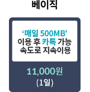 하루종일 로밍 베이직 - '매일 500MB' 이용 후 카톡 가능 속도로 지속이용 : 11,000원 (1일) 